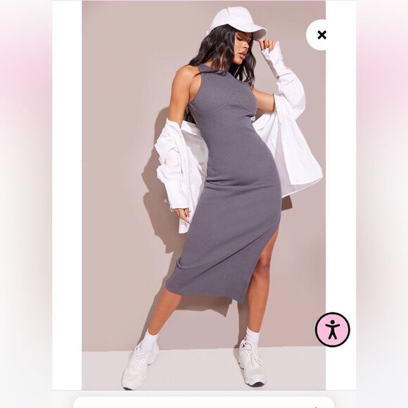 Pretty Little Thing Charcoal Cup Detail Racer Split Midi Dress - Picture 3 of 13